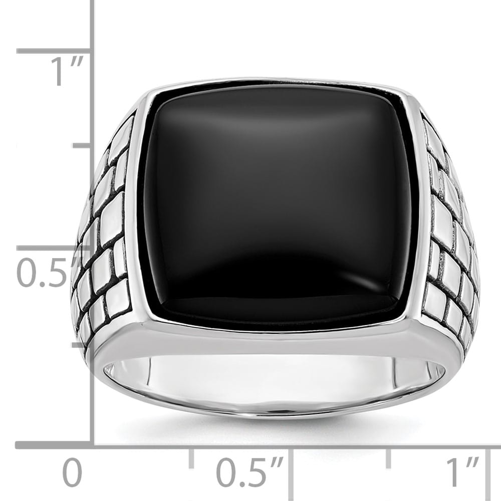 14k White Gold IB Goodman Antiqued Cushion Onyx Men's Ring