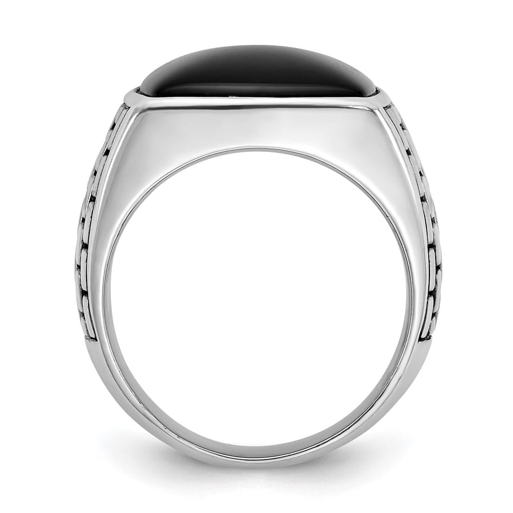 14k White Gold IB Goodman Antiqued Cushion Onyx Men's Ring