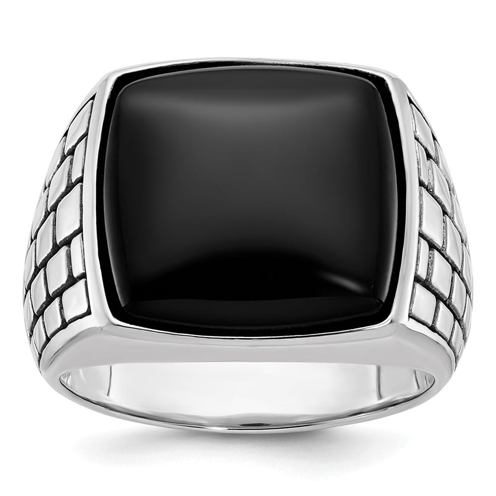 14k White Gold IB Goodman Antiqued Cushion Onyx Men's Ring