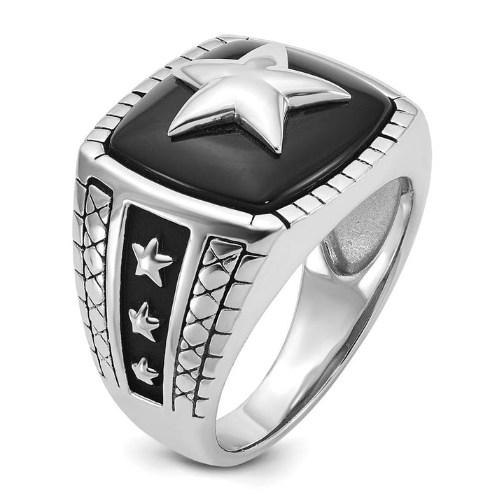 14k White Gold IB Goodman Antiqued Cushion Onyx Star Men's Ring