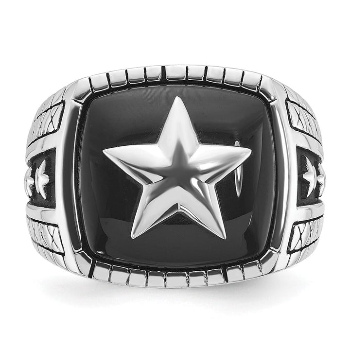 14k White Gold IB Goodman Antiqued Cushion Onyx Star Men's Ring