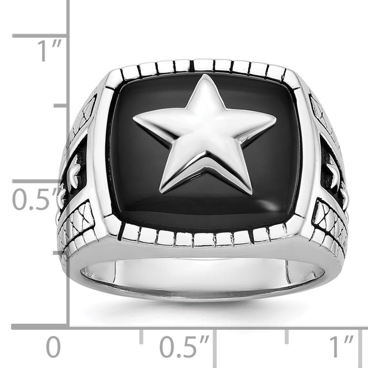 14k White Gold IB Goodman Antiqued Cushion Onyx Star Men's Ring