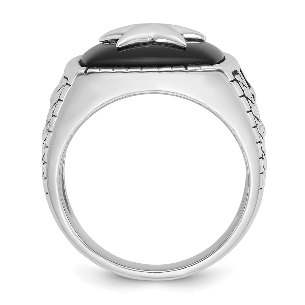 14k White Gold IB Goodman Antiqued Cushion Onyx Star Men's Ring