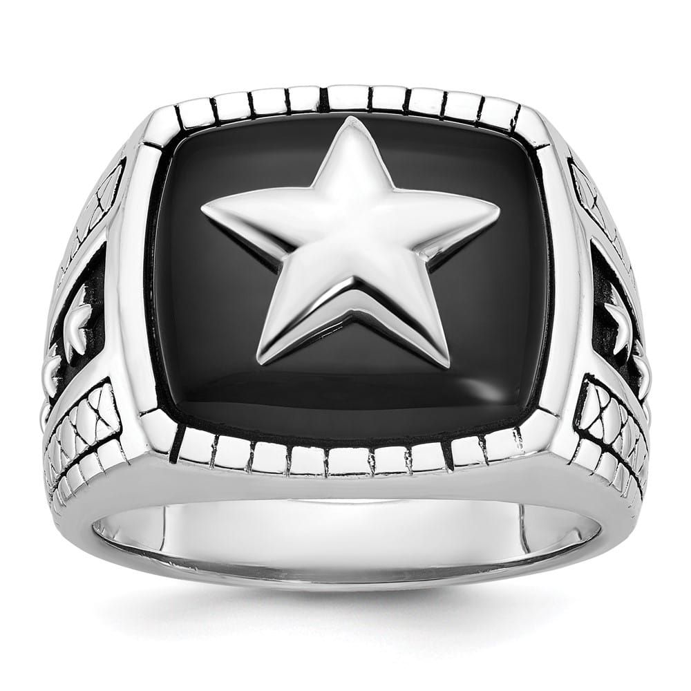 14k White Gold IB Goodman Antiqued Cushion Onyx Star Men's Ring