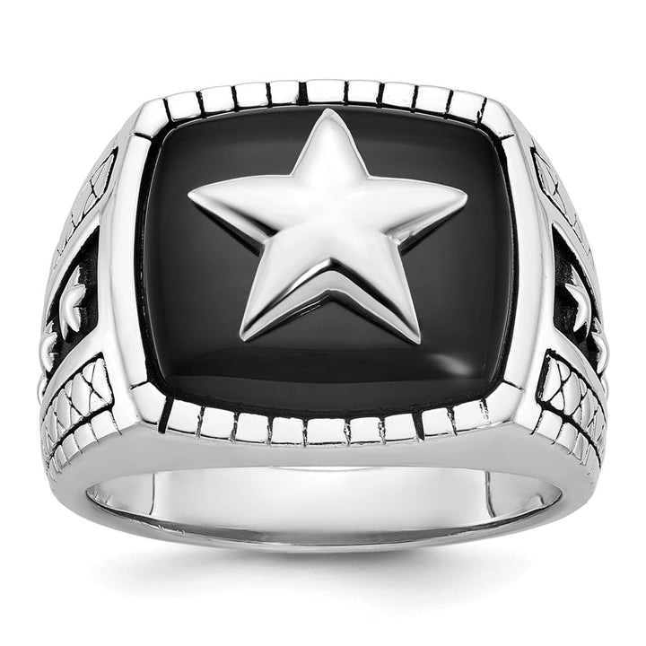 14k White Gold IB Goodman Antiqued Cushion Onyx Star Men's Ring
