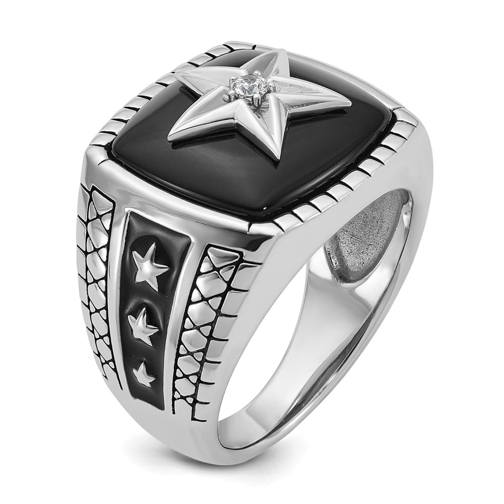 14k White Gold IB Goodman Cushion Onyx and Diamond Star Men's Ring