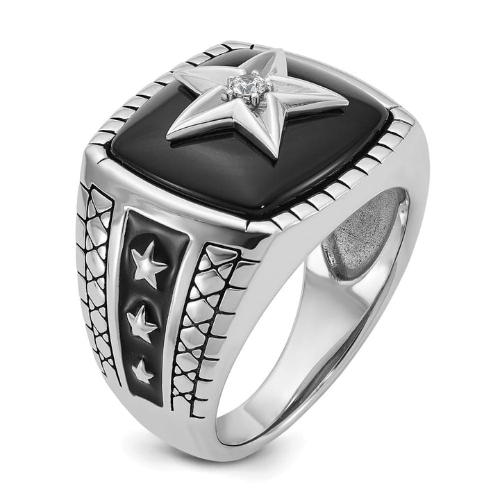 14k White Gold IB Goodman Cushion Onyx and Diamond Star Men's Ring