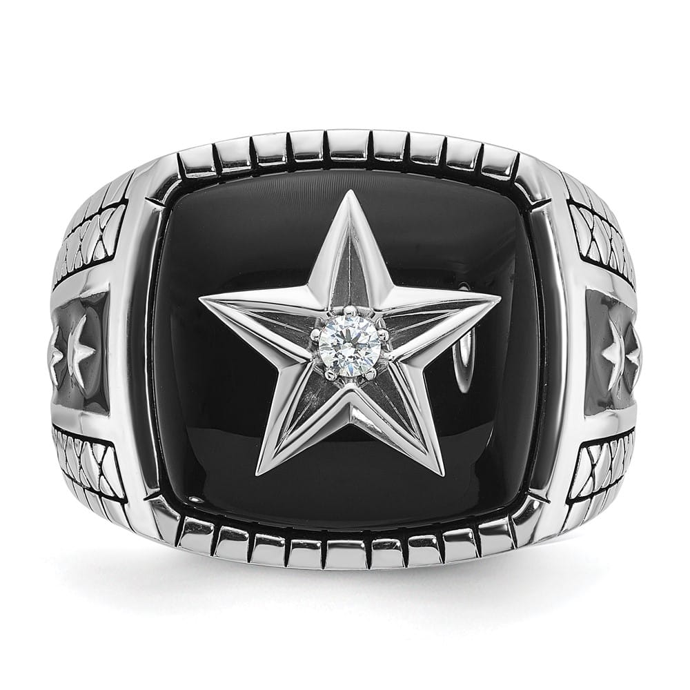 14k White Gold IB Goodman Cushion Onyx and Diamond Star Men's Ring