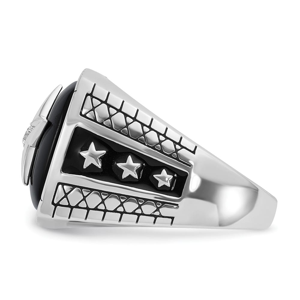 14k White Gold IB Goodman Cushion Onyx and Diamond Star Men's Ring