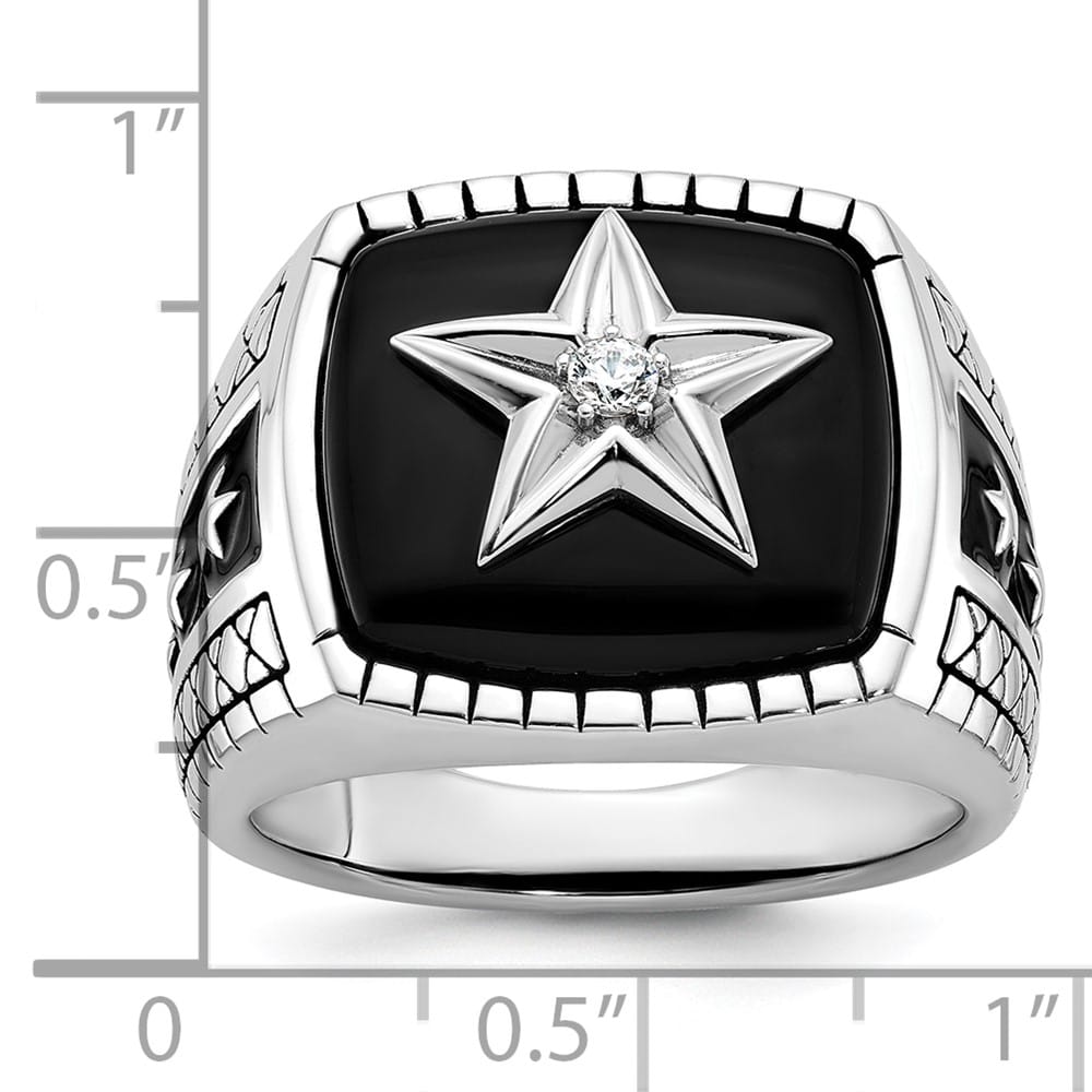 14k White Gold IB Goodman Cushion Onyx and Diamond Star Men's Ring