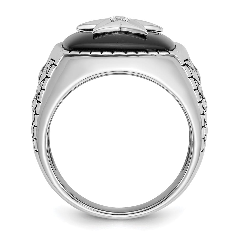 14k White Gold IB Goodman Cushion Onyx and Diamond Star Men's Ring