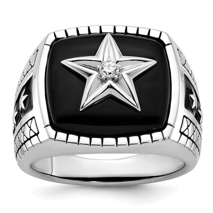14k White Gold IB Goodman Cushion Onyx and Diamond Star Men's Ring