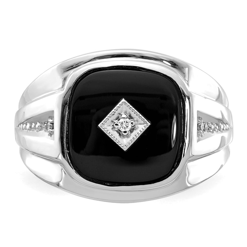 14k White Gold IB Goodman Cushion Onyx and I1 Diamond Men's Ring