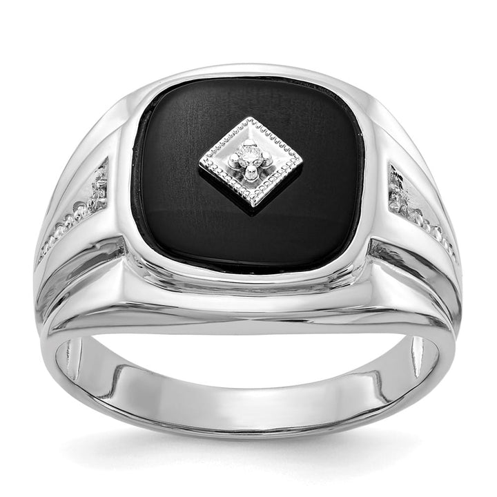 14k White Gold IB Goodman Cushion Onyx and I1 Diamond Men's Ring