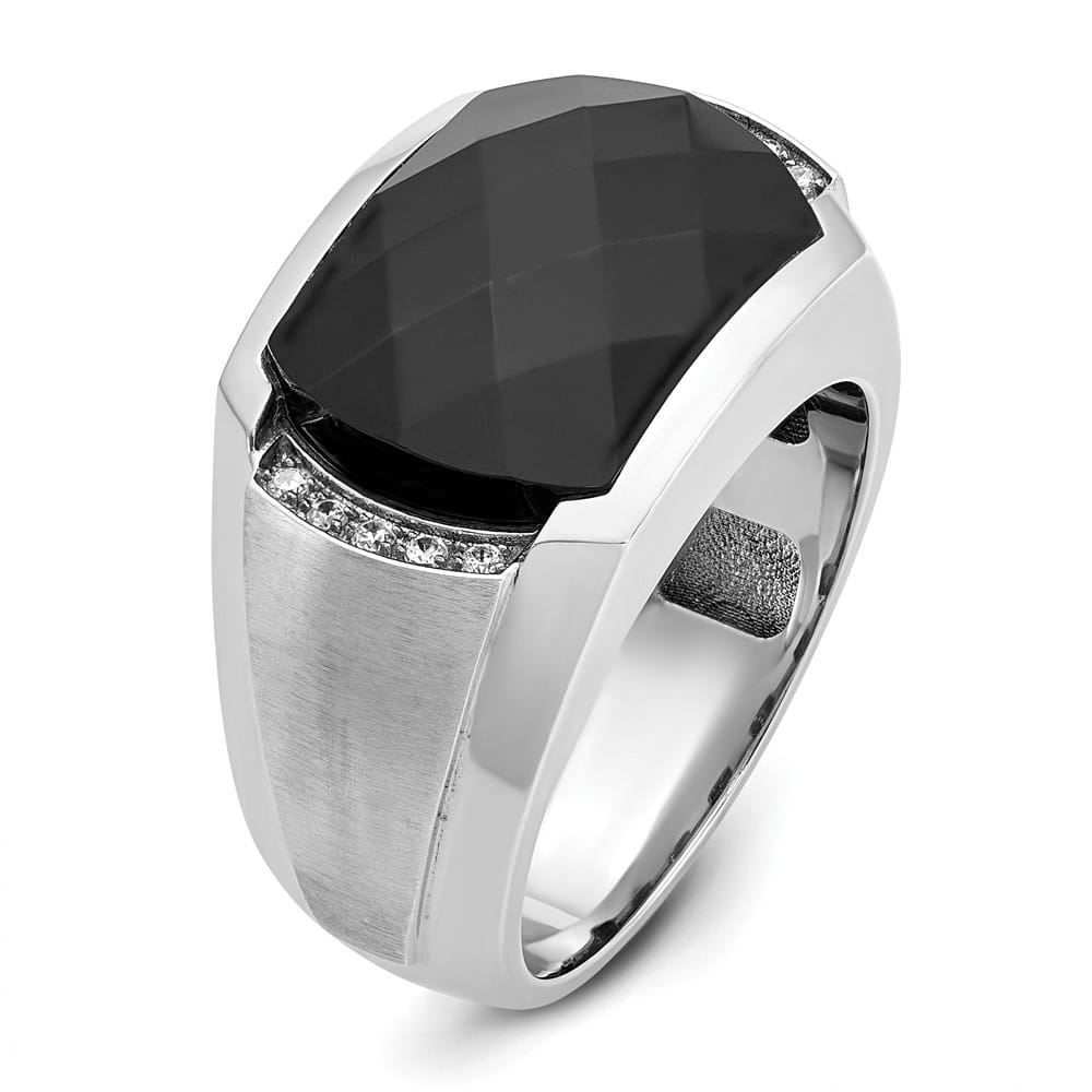 14k White Gold IB Goodman Faceted Onyx and I1 Diamond Men's Ring