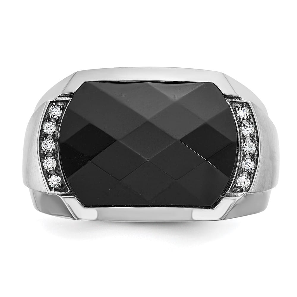 14k White Gold IB Goodman Faceted Onyx and I1 Diamond Men's Ring