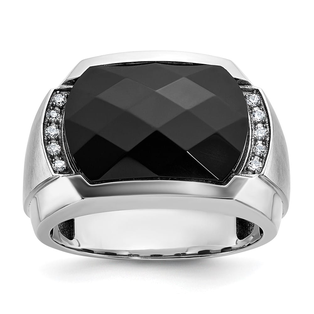 14k White Gold IB Goodman Faceted Onyx and I1 Diamond Men's Ring