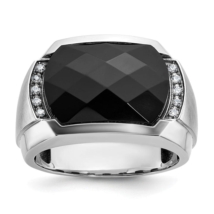14k White Gold IB Goodman Faceted Onyx and I1 Diamond Men's Ring