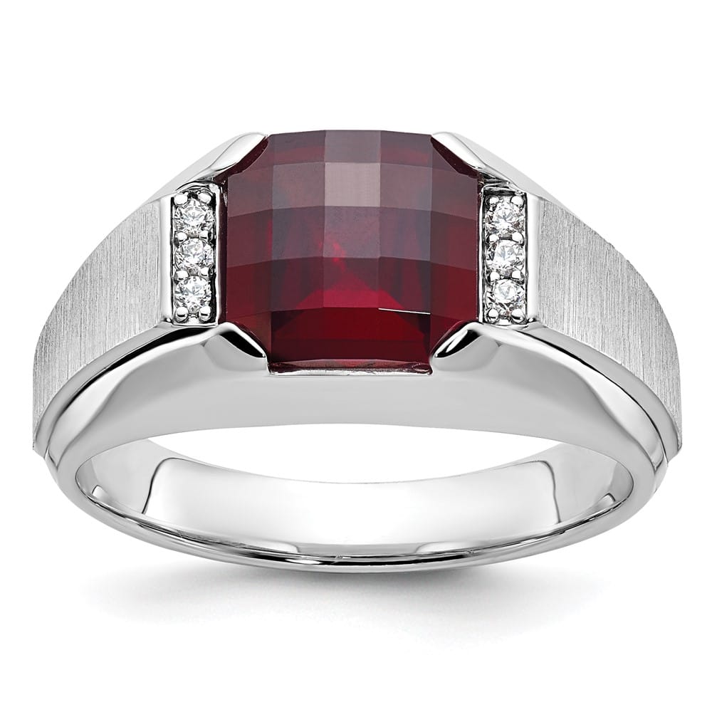 14k White Gold IB Goodman Lab Created Garnet Diamond Men's Ring