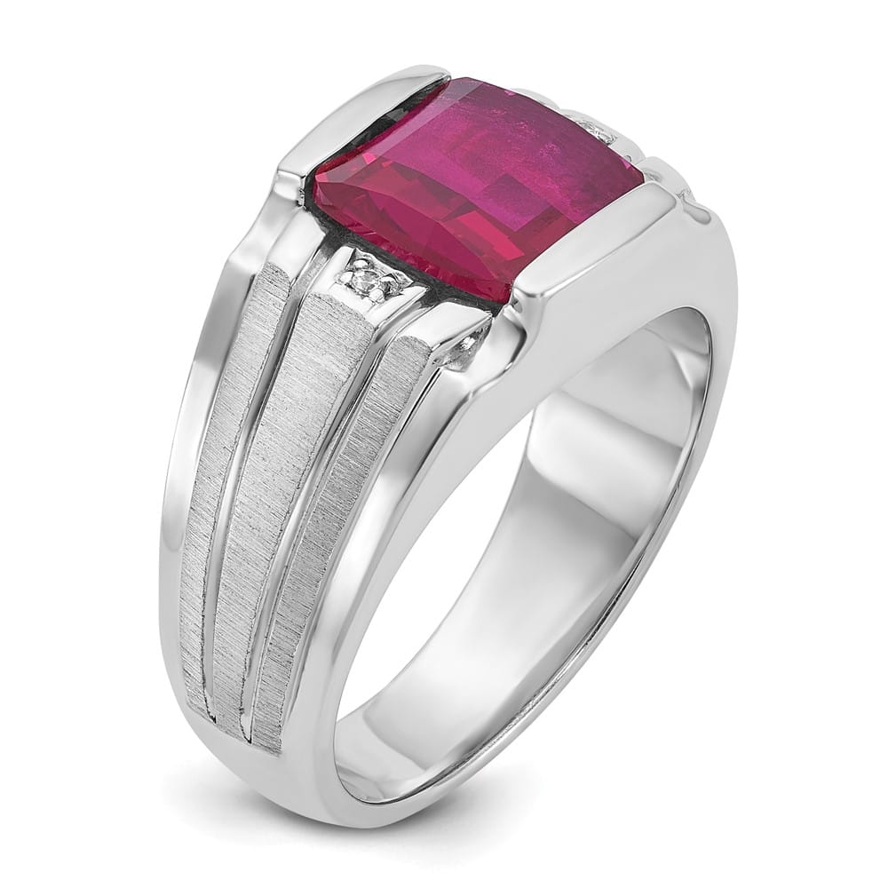 14k White Gold IB Goodman Lab Created Ruby Diamond Men's Ring
