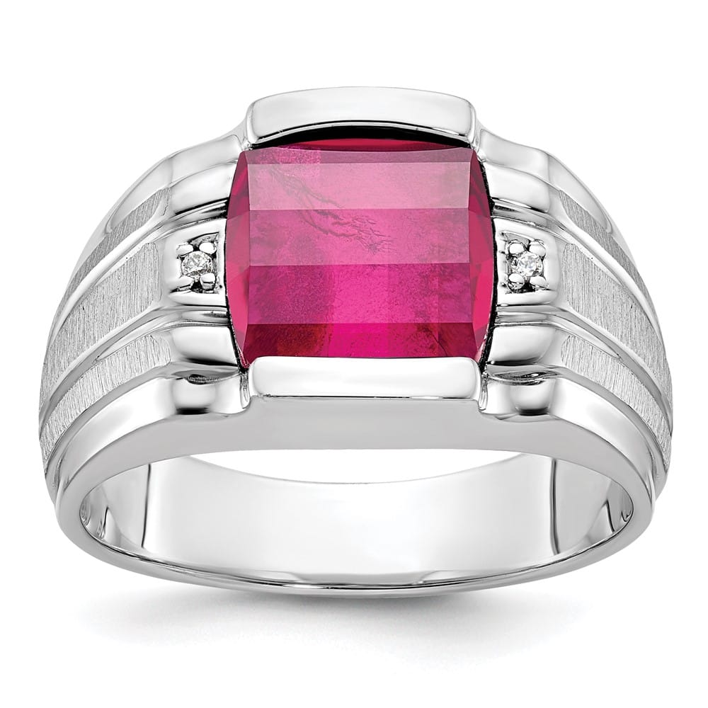 14k White Gold IB Goodman Lab Created Ruby Diamond Men's Ring