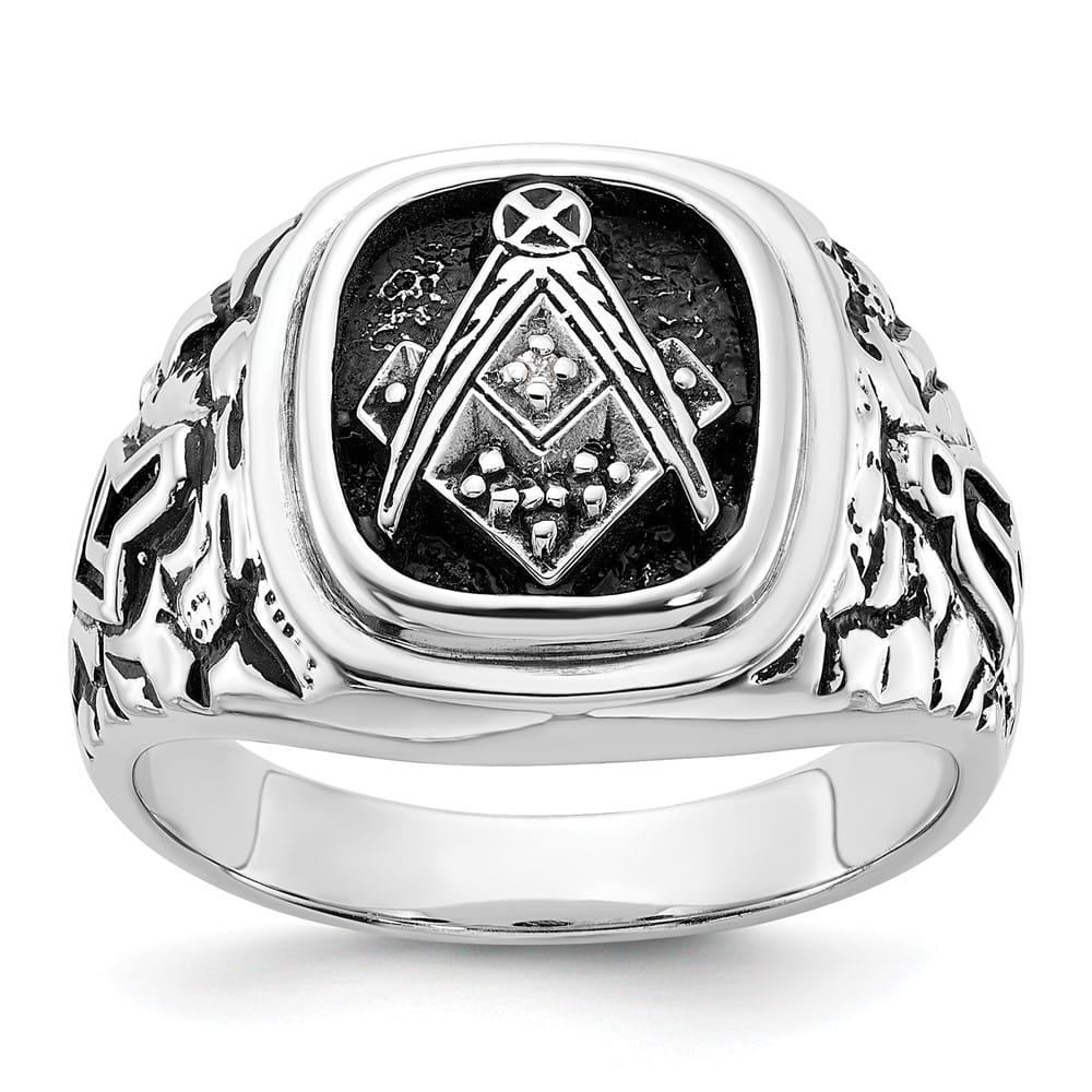 14k White Gold IB Goodman Nugget Texture with Black Masonic Ring