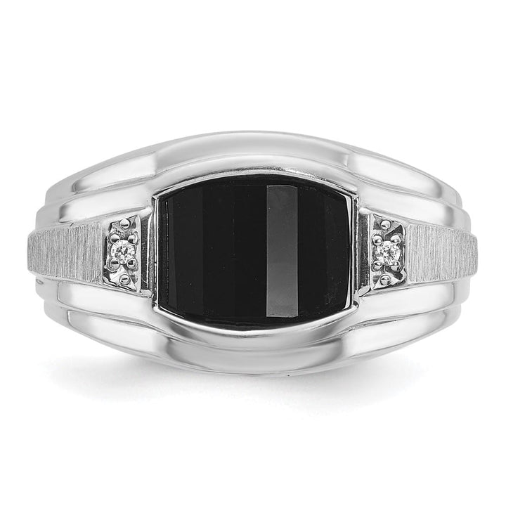 14k White Gold IB Goodman Satin Barrel Onyx Diamond Men's Ring