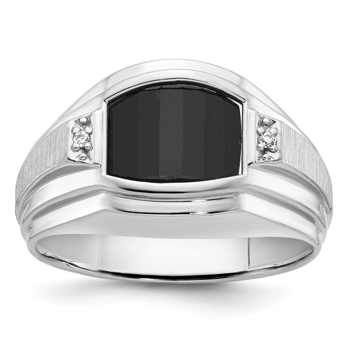 14k White Gold IB Goodman Satin Barrel Onyx Diamond Men's Ring