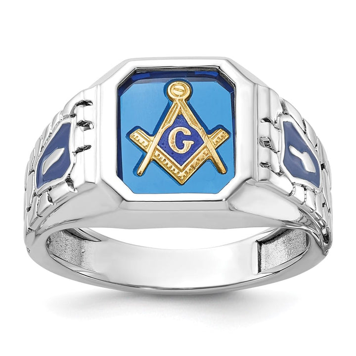 14k White Gold IB Goodman with Blue Enamel Men's Blue Lodge Ring