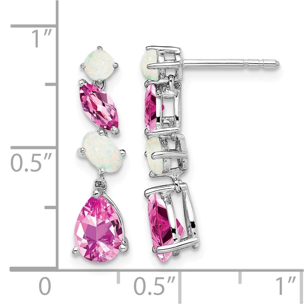 14K White Gold Lab Created Pink Sapphire and Opal Dangle Post Earrings, view 4 of 4