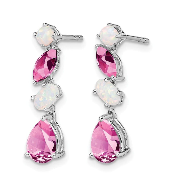 14K White Gold Lab Created Pink Sapphire and Opal Dangle Post Earrings, view 2 of 4