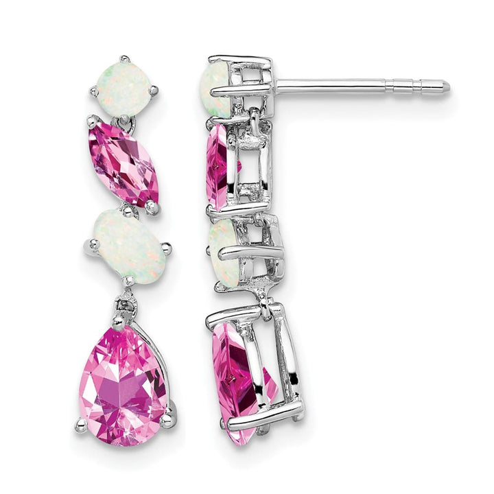 14K White Gold Lab Created Pink Sapphire and Opal Dangle Post Earrings, view 1 of 4