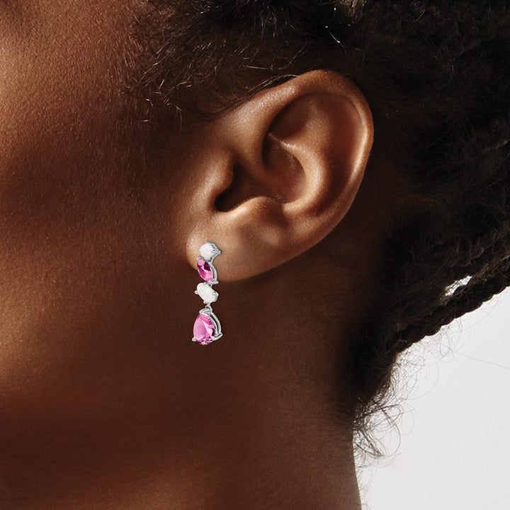 14K White Gold Lab Created Pink Sapphire and Opal Dangle Post Earrings, view 3 of 4