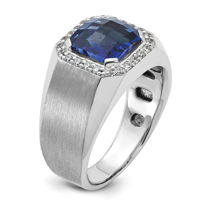 14k White Gold Lab Created Sapphire and 1/3 Carat Diamond Men's Ring