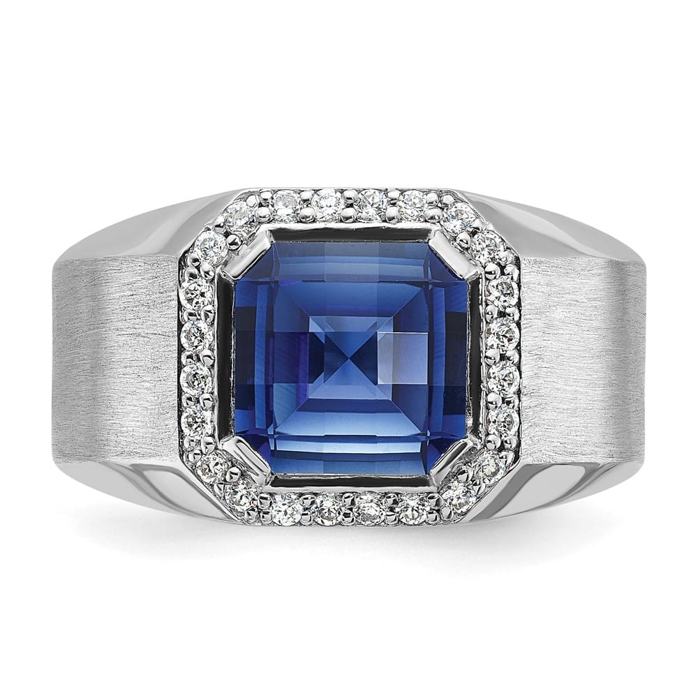 14k White Gold Lab Created Sapphire and 1/3 Carat Diamond Men's Ring