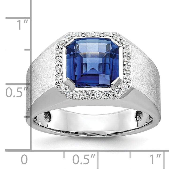 14k White Gold Lab Created Sapphire and 1/3 Carat Diamond Men's Ring