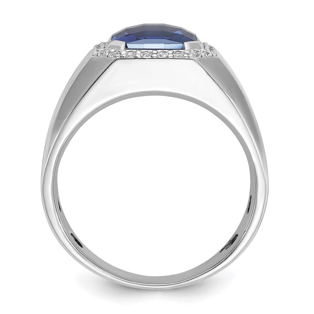 14k White Gold Lab Created Sapphire and 1/3 Carat Diamond Men's Ring