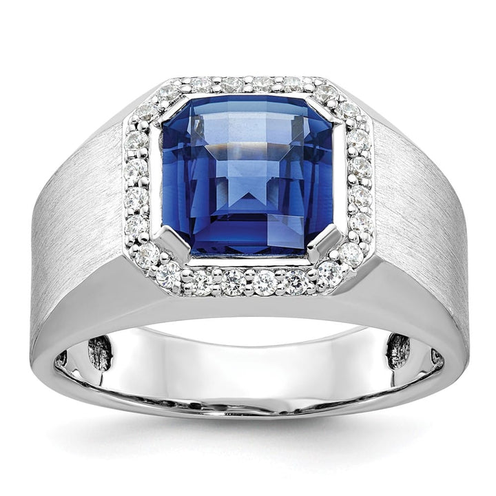14k White Gold Lab Created Sapphire and 1/3 Carat Diamond Men's Ring