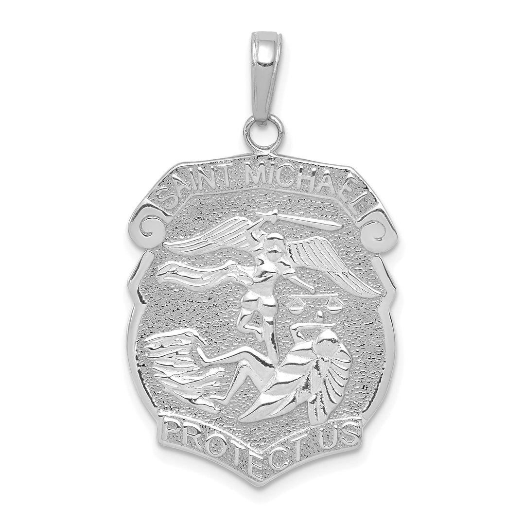 14K White Gold Large Saint Michael Protect Us Medal Badge Pendant
