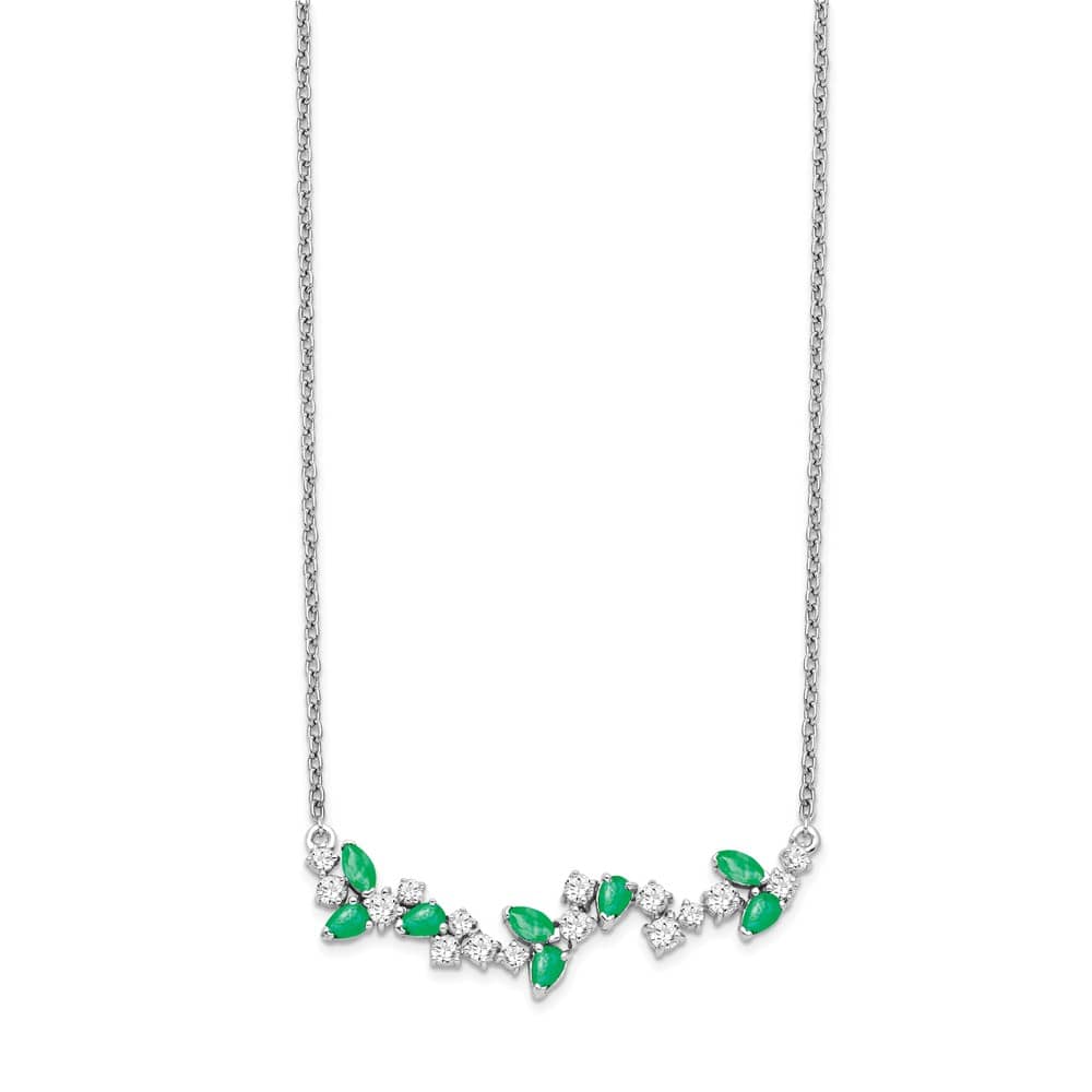 14K White Gold Marquise Emerald Diamond Floral Bar 18 inch Necklace
