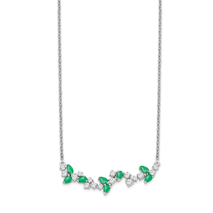 14K White Gold Marquise Emerald Diamond Floral Bar 18 inch Necklace