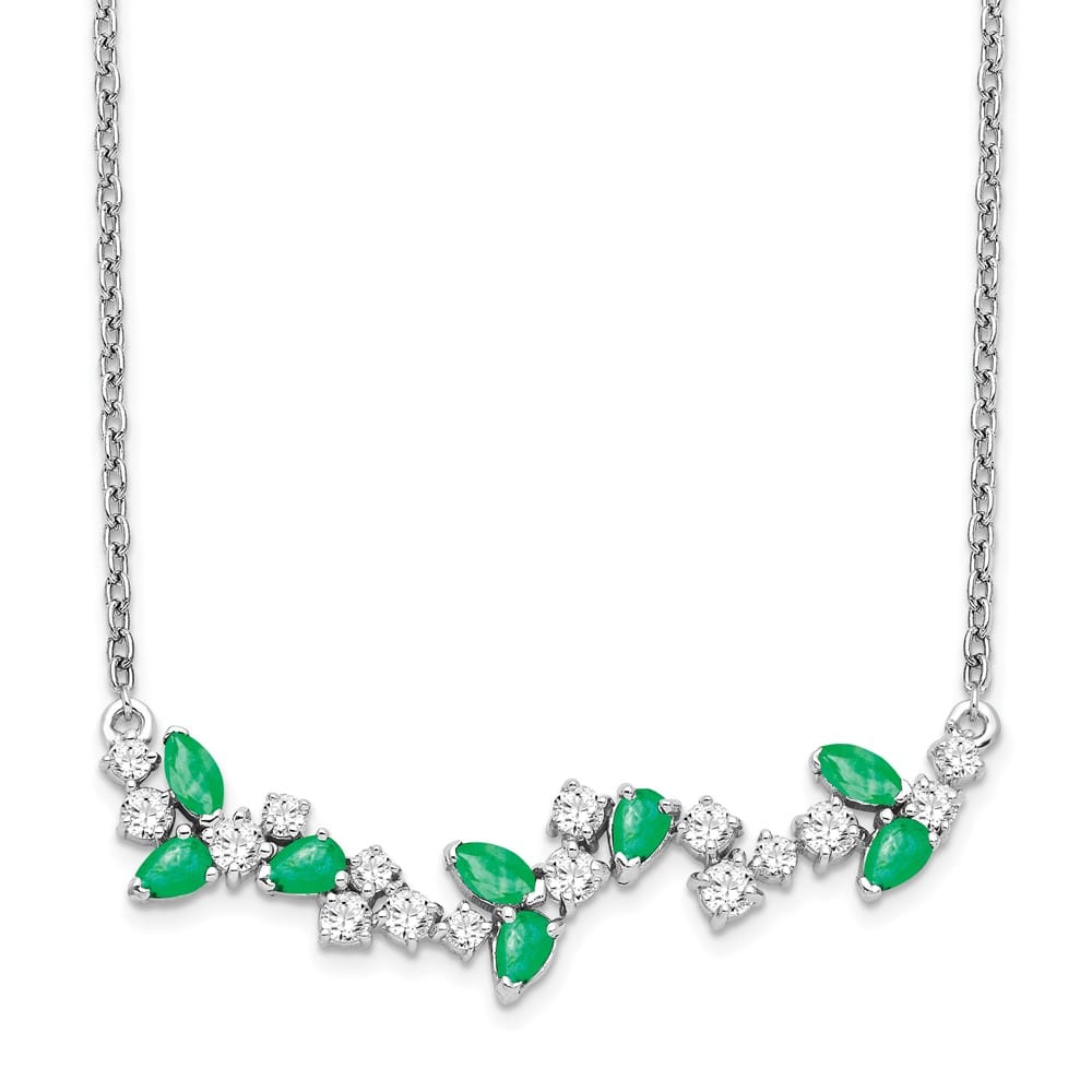 14K White Gold Marquise Emerald Diamond Floral Bar 18 inch Necklace
