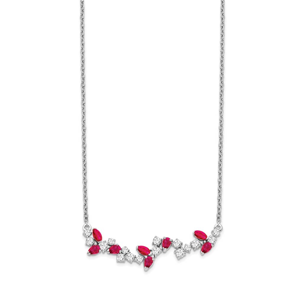 14K White Gold Marquise Ruby and Diamond 18 Inch Floral Bar Necklace
