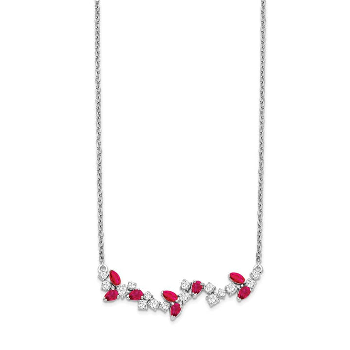 14K White Gold Marquise Ruby and Diamond 18 Inch Floral Bar Necklace