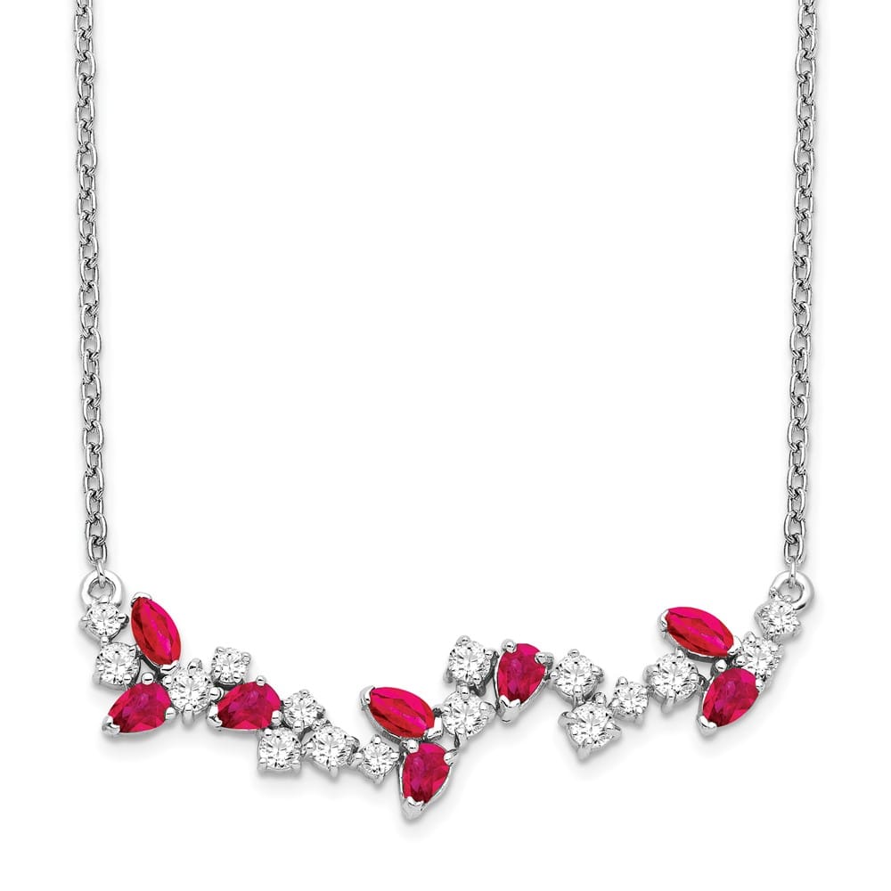 14K White Gold Marquise Ruby and Diamond 18 Inch Floral Bar Necklace