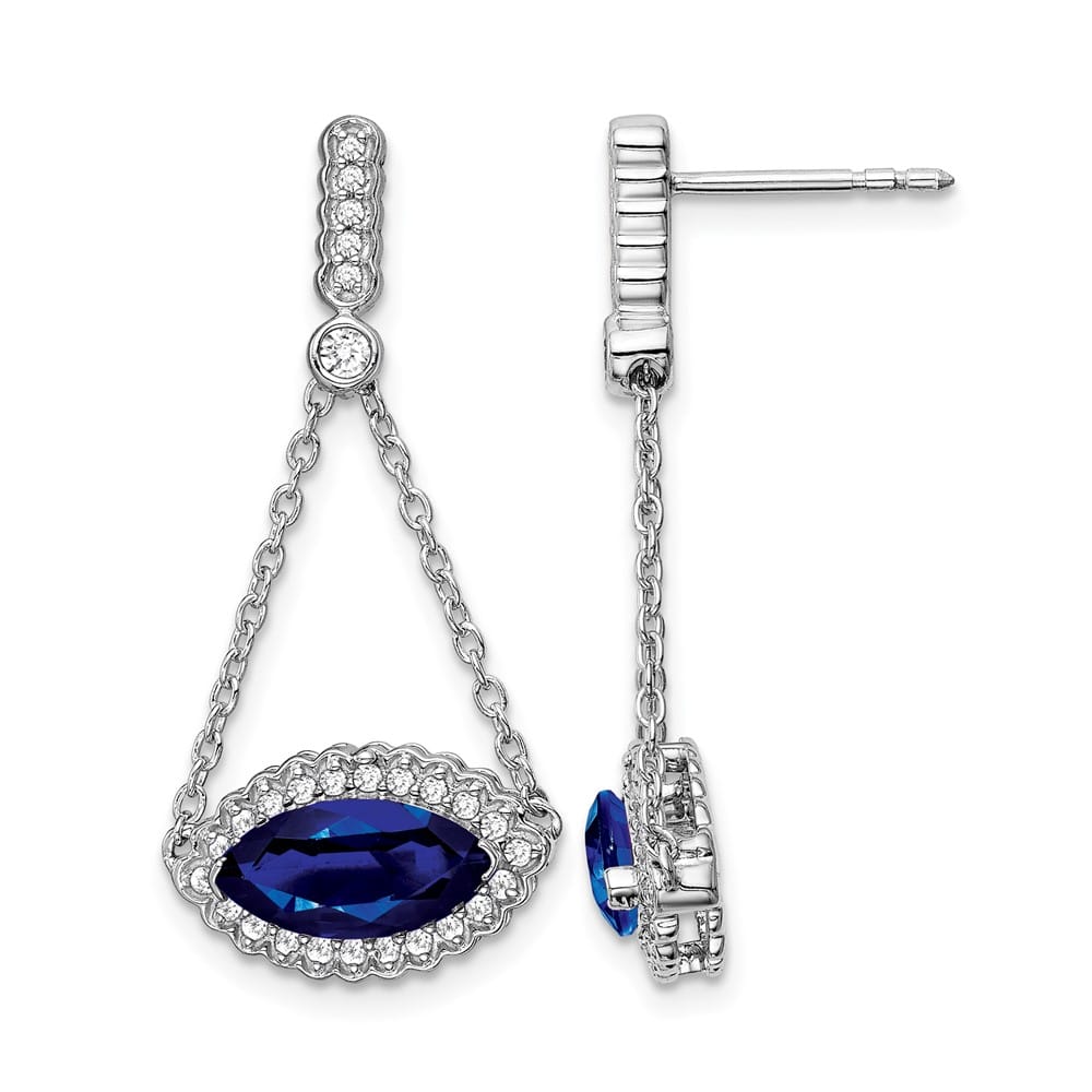 14K White Gold Marquise Sapphire Diamond Chain Dangle Post Earrings, view 1 of 4