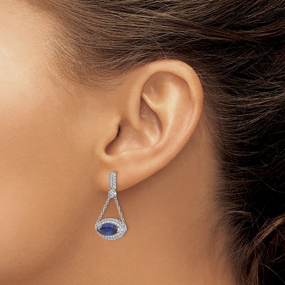 14K White Gold Marquise Sapphire Diamond Chain Dangle Post Earrings, view 3 of 4
