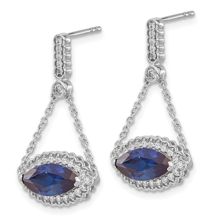 14K White Gold Marquise Sapphire Diamond Chain Dangle Post Earrings, view 2 of 4