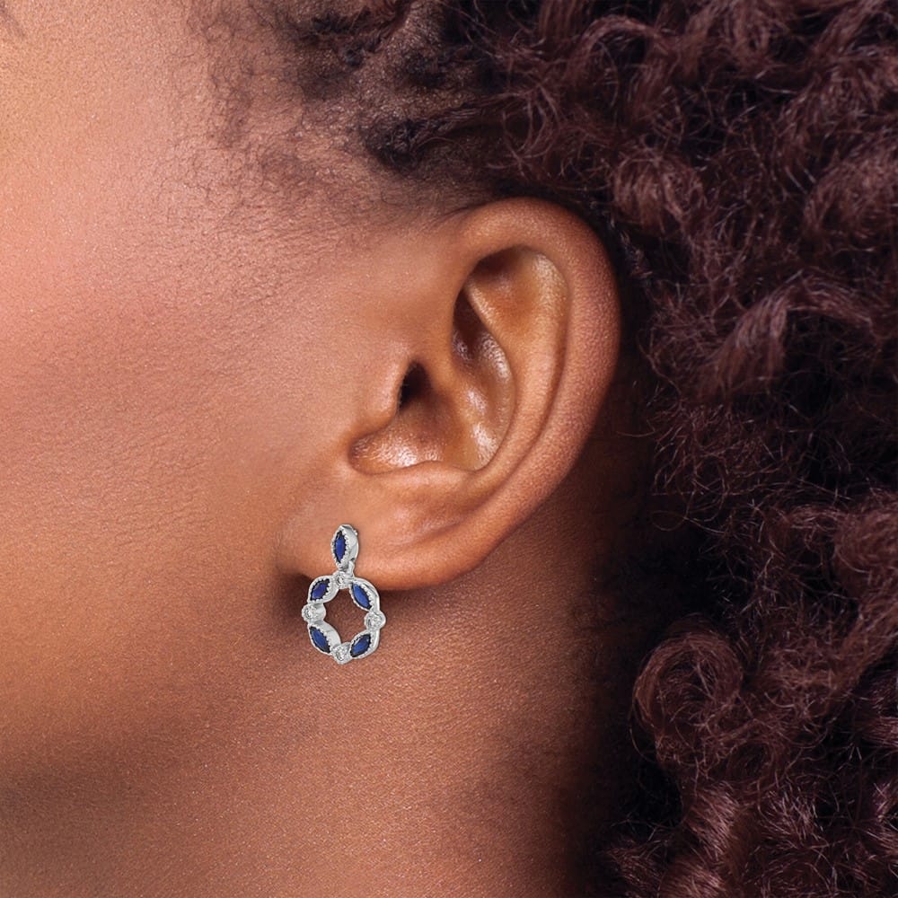 14K White Gold Marquise Sapphire Diamond Circle Dangle Post Earrings, view 3 of 4