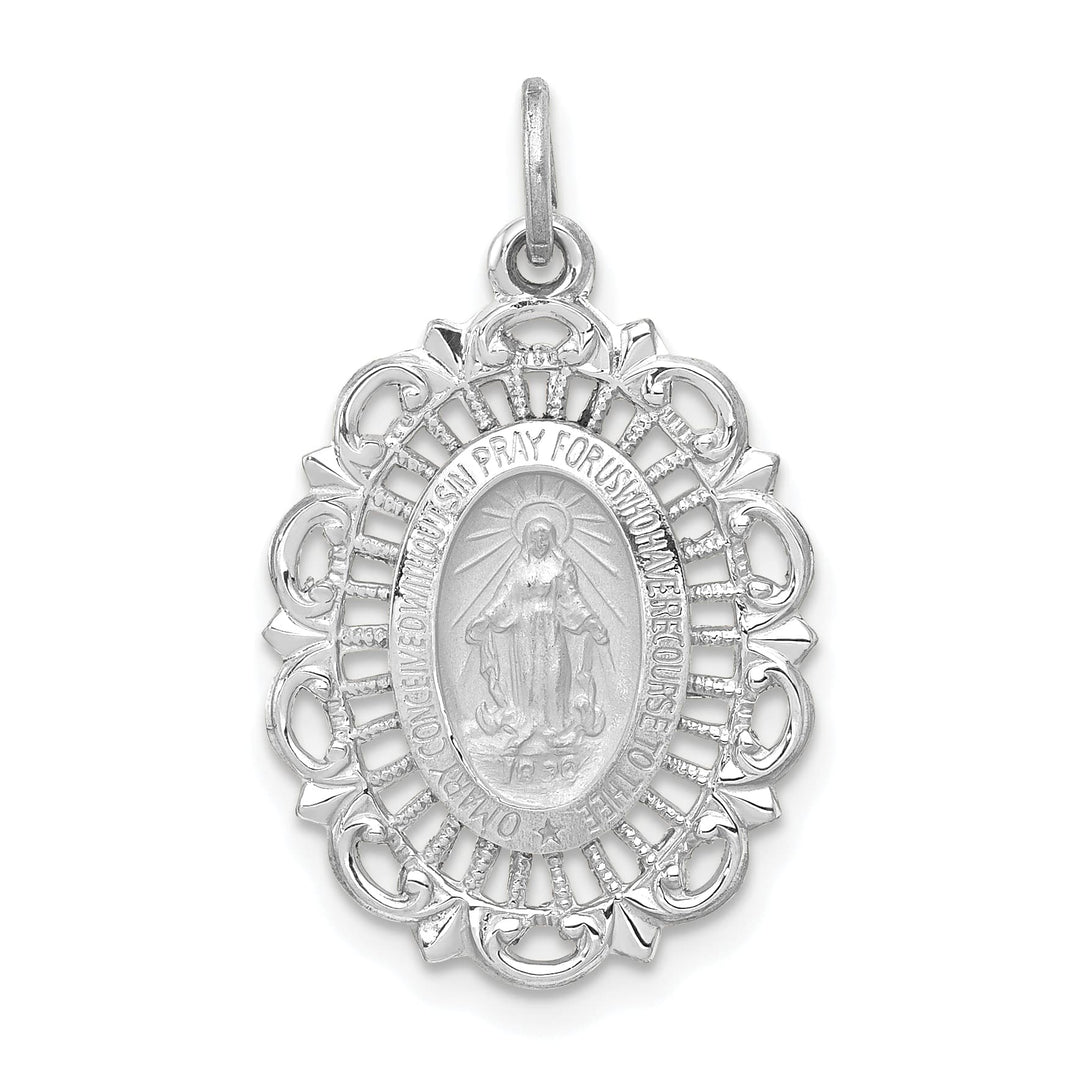 14K White Gold Miraculous Medal Scalloped Edge Oval Pendant